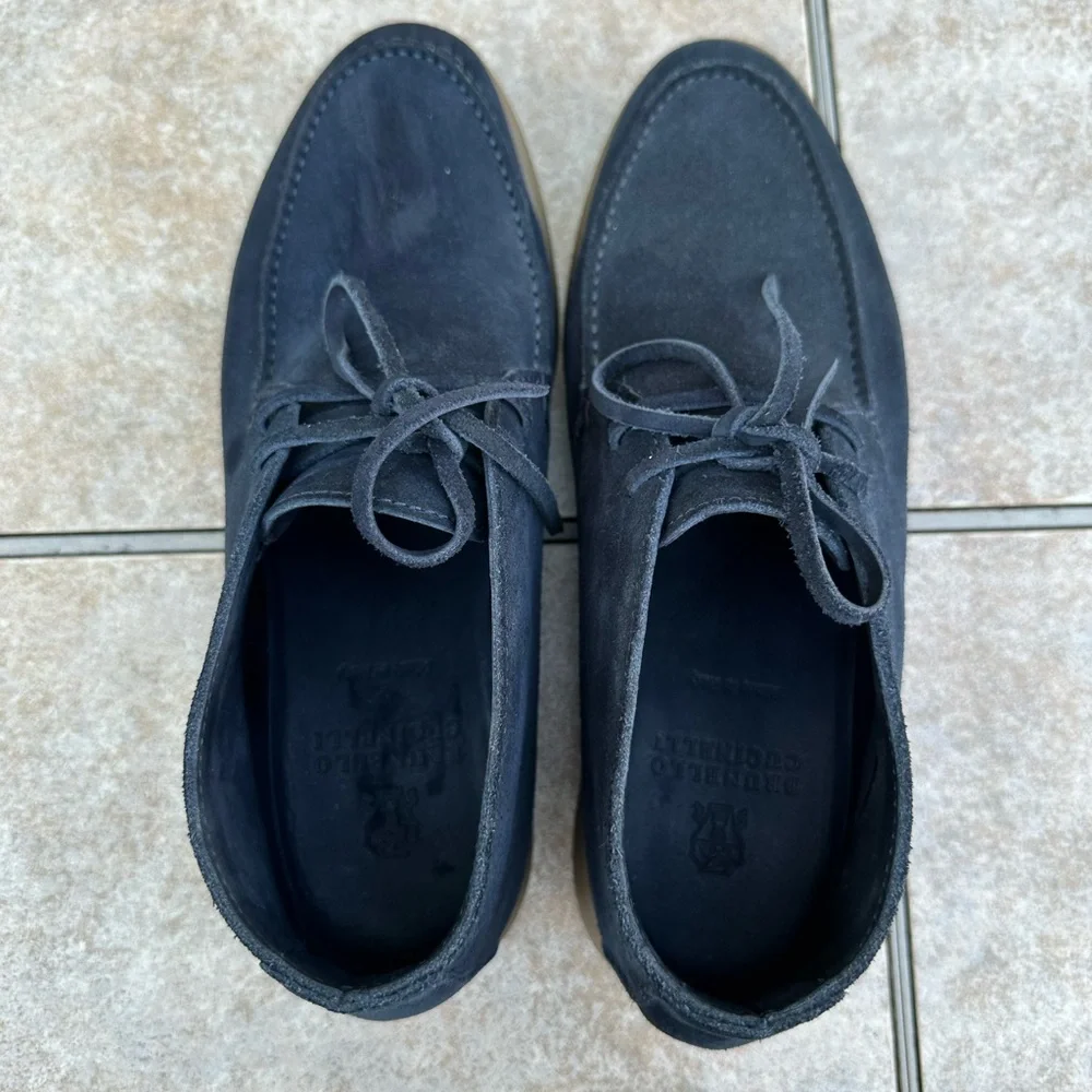 Brunello Cucinelli Navy Suede Chukka Boots with Tan Sole
